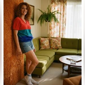 NWT Vintage V neck t-shirt color block terry cloth towel material made in Canada